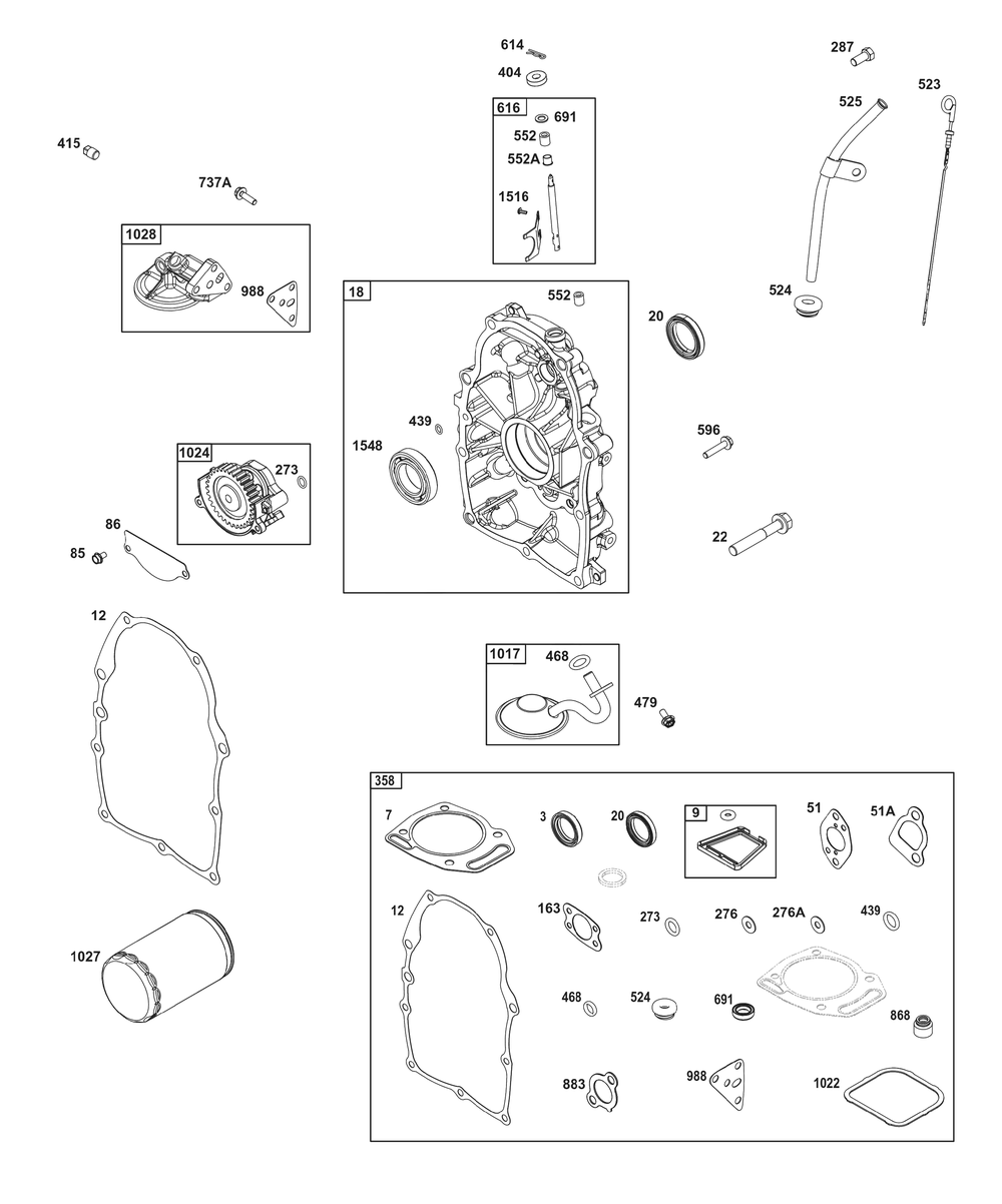 Crankcase Cover/Sump And Lubrication Group Diagram and Parts List for 356447-0709-H7 200000 - 399999 Briggs and Stratton Engine